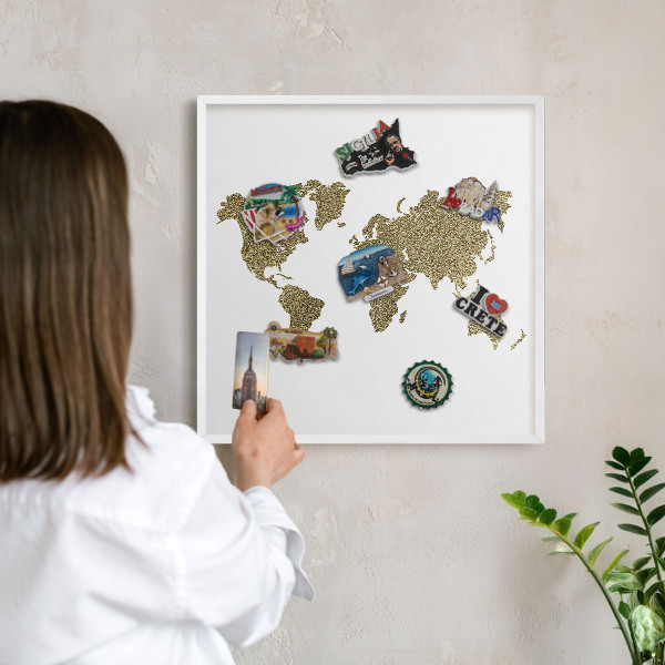 Wand-Magnettafel für Reisesouvenirs mit weißem Rahmen Weltkarte