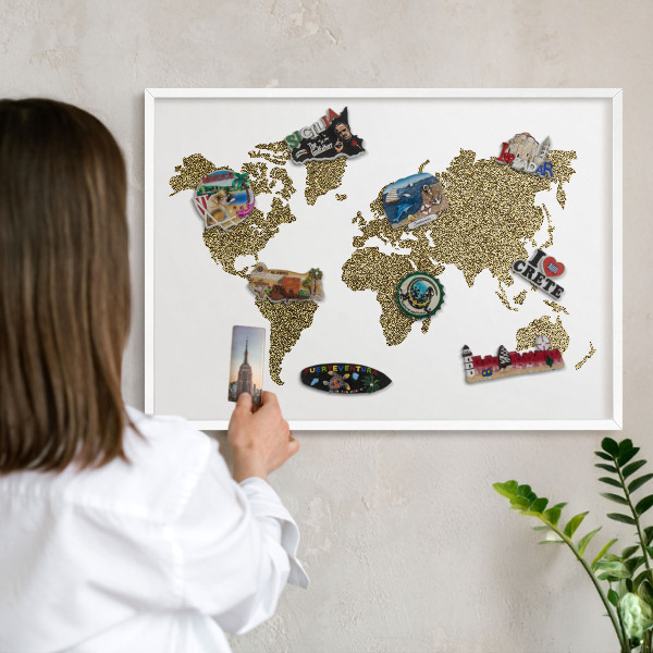 Wand-Magnettafel für Reisesouvenirs mit weißem Rahmen Weltkarte