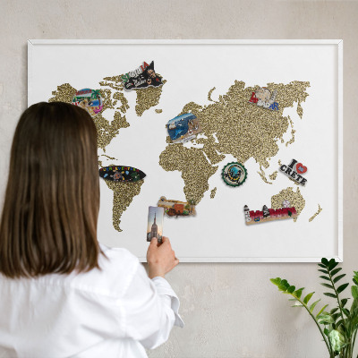Wand-Magnettafel für Reisesouvenirs mit weißem Rahmen Weltkarte