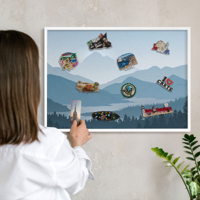 Magnettafel aus Metall für Souvenirs in weißem Rahmen Harmonie der Berge