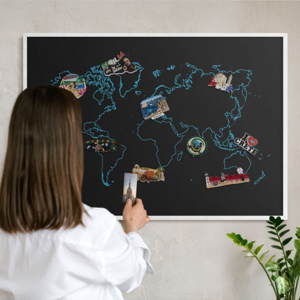 Wand-Magnettafel für Reisesouvenirs mit weißem Rahmen Weltkarte