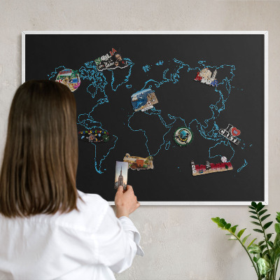 Wand-Magnettafel für Reisesouvenirs mit weißem Rahmen Weltkarte