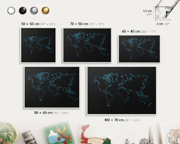Wand-Magnettafel für Reisesouvenirs mit weißem Rahmen Weltkarte