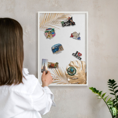 Wand-Magnettafel für Reisesouvenirs mit weißem Rahmen Elegante Blätter