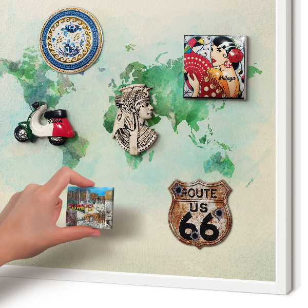 Wand-Magnettafel für Reisesouvenirs mit weißem Rahmen Weltkarte