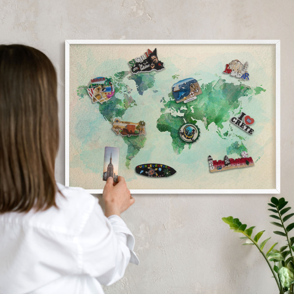 Wand-Magnettafel für Reisesouvenirs mit weißem Rahmen Weltkarte