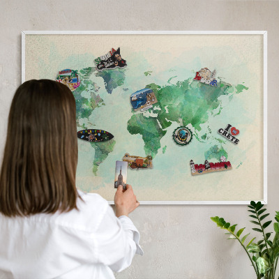 Wand-Magnettafel für Reisesouvenirs mit weißem Rahmen Weltkarte