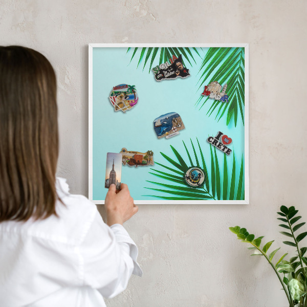 Wand-Magnettafel für Reisesouvenirs mit weißem Rahmen Grüne Blätter