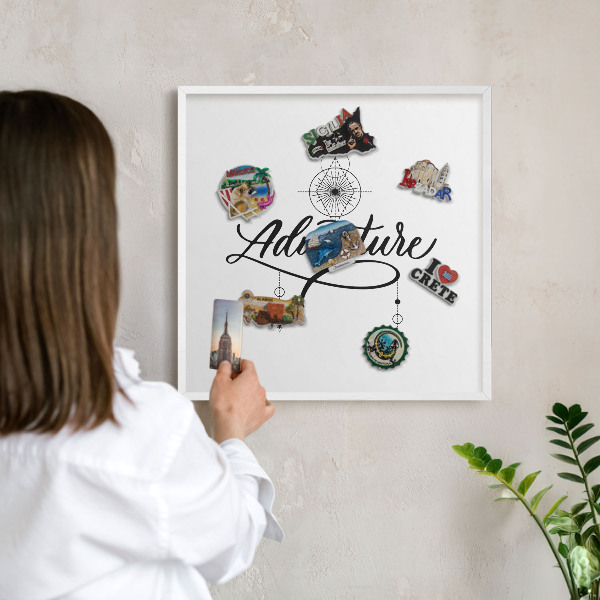 Magnettafel aus Metall für Souvenirs in weißem Rahmen Typografisches Abenteuer