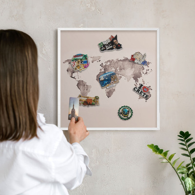 Wand-Magnettafel für Reisesouvenirs mit weißem Rahmen Weltkarte