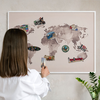 Wand-Magnettafel für Reisesouvenirs mit weißem Rahmen Weltkarte