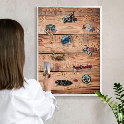 Wand-Magnettafel für Reisesouvenirs mit weißem Rahmen Holzbretter