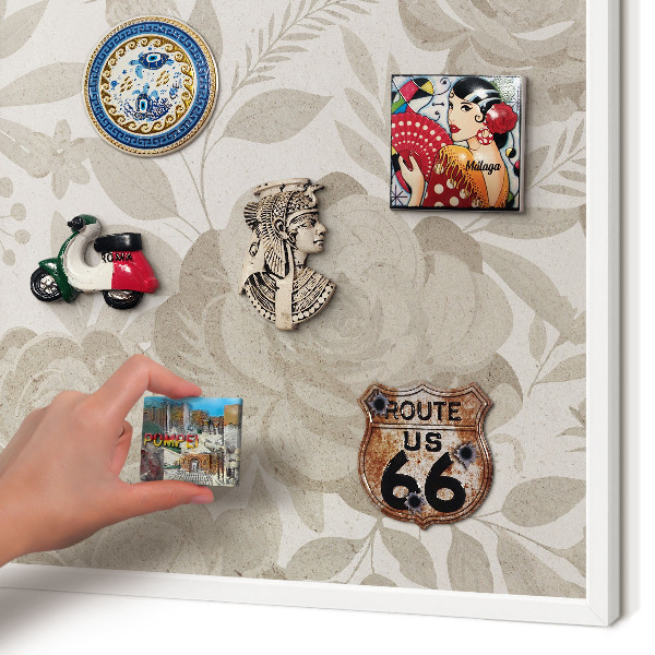 Magnettafel aus Metall für Souvenirs in weißem Rahmen Vintage-Blumen