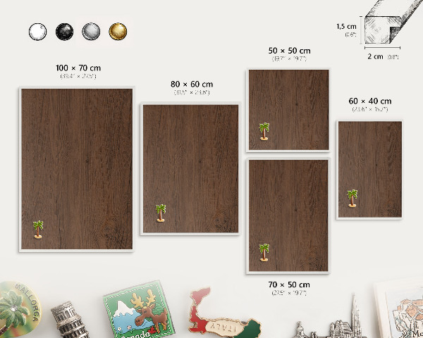 Magnettafel aus Metall für Souvenirs in weißem Rahmen Holzstruktur