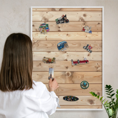 Wand-Magnettafel für Reisesouvenirs mit weißem Rahmen Holzbretter