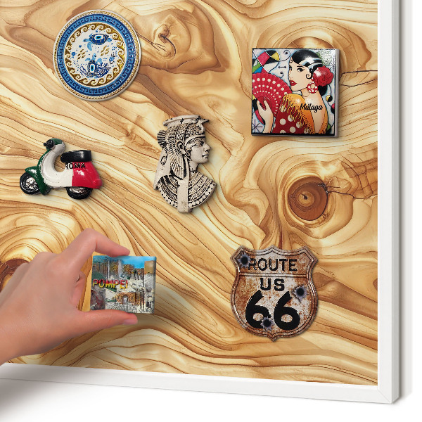 Wand-Magnettafel für Reisesouvenirs mit weißem Rahmen Holzstruktur