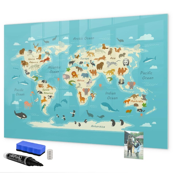 Schreib magnettafel Weltkarte mit Illustrationen und Fotos
