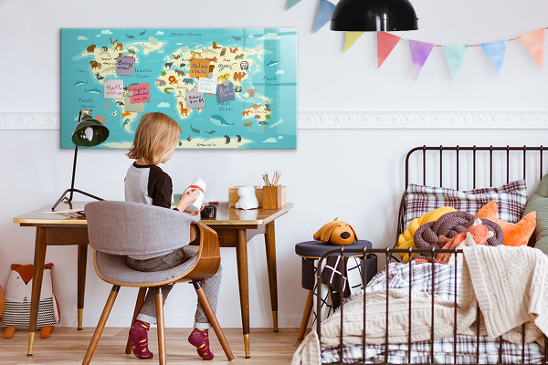 Schreib magnettafel Weltkarte mit Illustrationen und Fotos