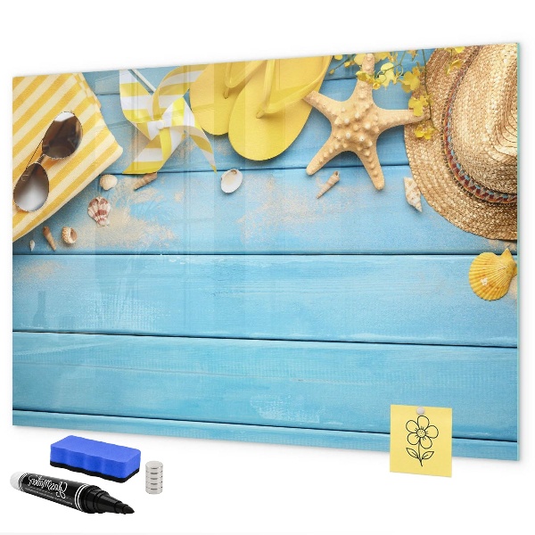 Magnettafel zum schreiben Sommererinnerungen auf blauem Hintergrund