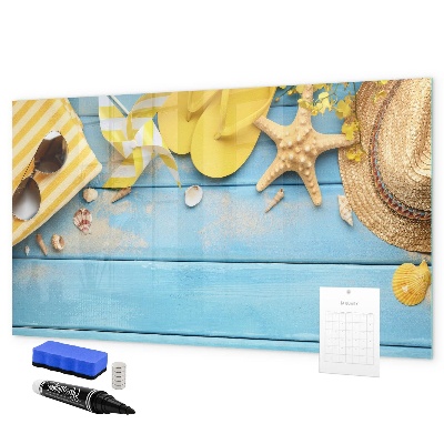 Magnettafel zum schreiben Sommererinnerungen auf blauem Hintergrund