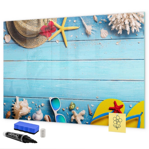 Magnettafel zum schreiben Sommererinnerungen auf blauem Hintergrund