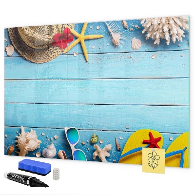 Magnettafel zum schreiben Sommererinnerungen auf blauem Hintergrund