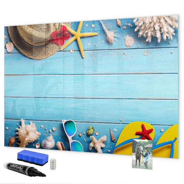 Magnettafel zum schreiben Sommererinnerungen auf blauem Hintergrund