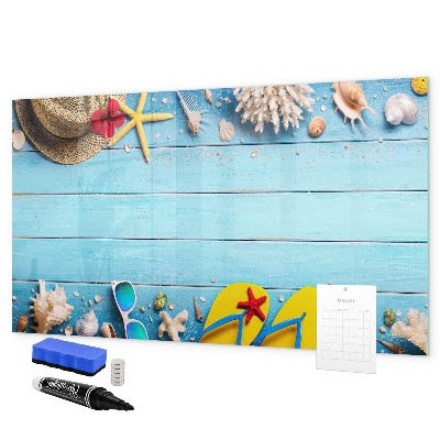 Magnettafel zum schreiben Sommererinnerungen auf blauem Hintergrund