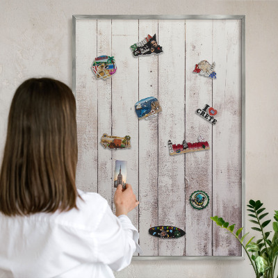 Metalltafel für Magnete mit silbernem Rahmen Helles Holz