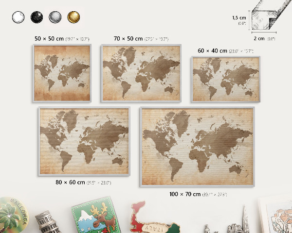 Dekoratives Magnetboard aus Metall in Silberrahmen Weltkarte