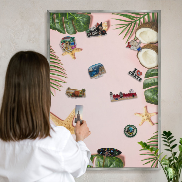 Dekoratives Magnetboard aus Metall in Silberrahmen Tropenurlaub