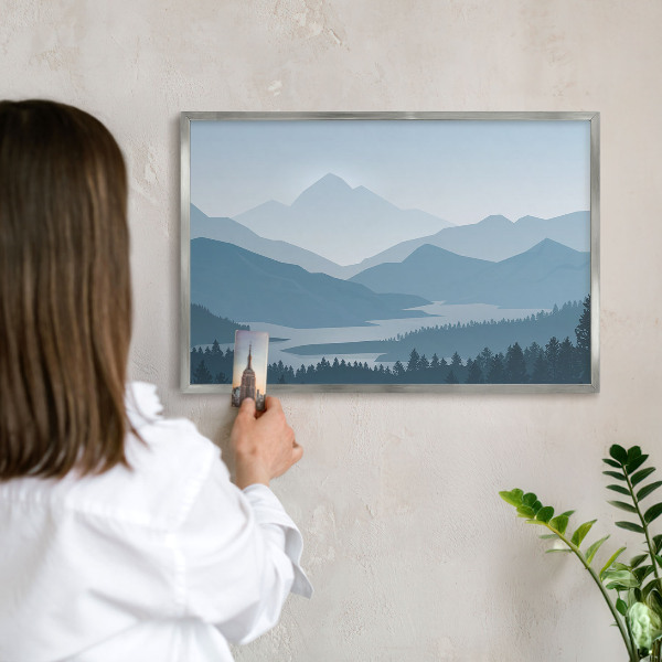 Dekoratives Magnetboard aus Metall in Silberrahmen Harmonie der Berge