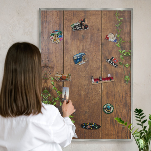 Metalltafel für Magnete mit silbernem Rahmen Holznatur