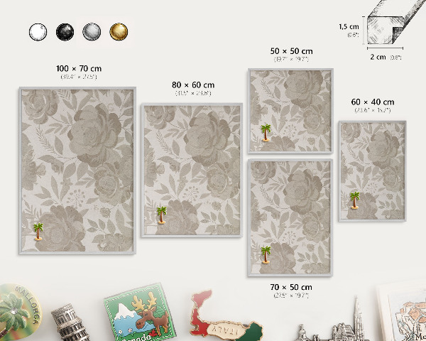 Dekoratives Magnetboard aus Metall in Silberrahmen Vintage-Blumen