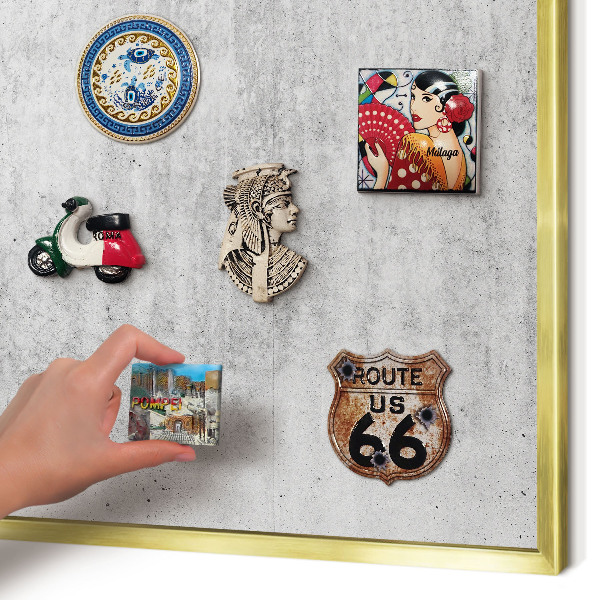 Magnettafel für Urlaubsmagnete in Goldrahmen Graue Textur