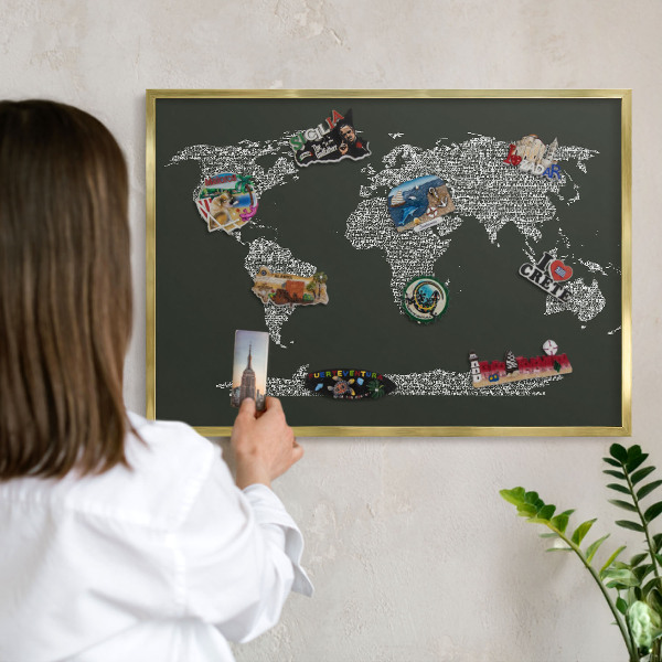 Magnettafel für Urlaubsmagnete in Goldrahmen Textkarte