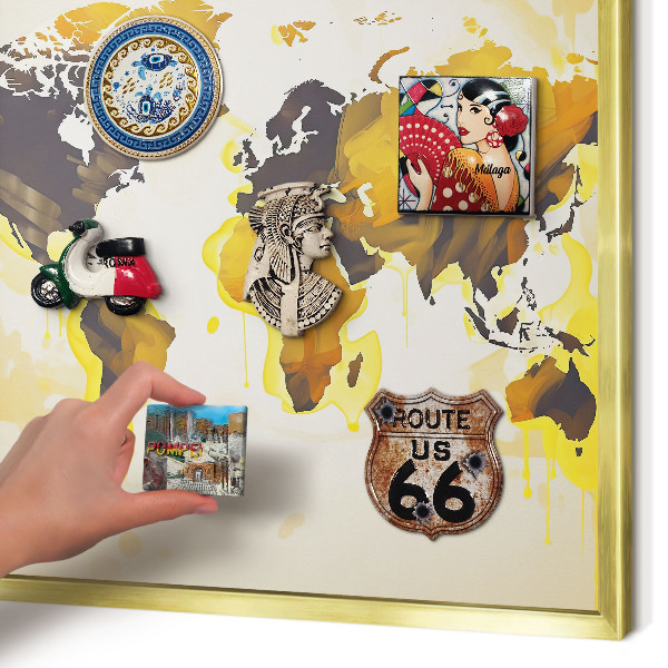 Magnettafel für Urlaubsmagnete in Goldrahmen Weltkarte