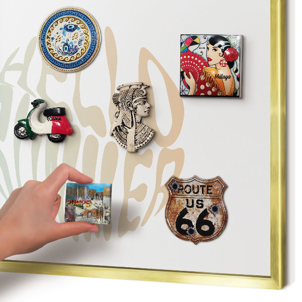 Magnettafel für Urlaubsmagnete in Goldrahmen Hallo Sommer!