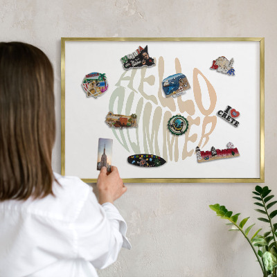 Magnettafel für Urlaubsmagnete in Goldrahmen Hallo Sommer!