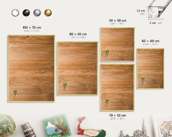 Magnettafel für Urlaubsmagnete in Goldrahmen Holzstruktur