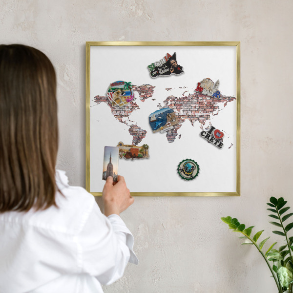 Magnettafel für Urlaubsmagnete in Goldrahmen Brick World