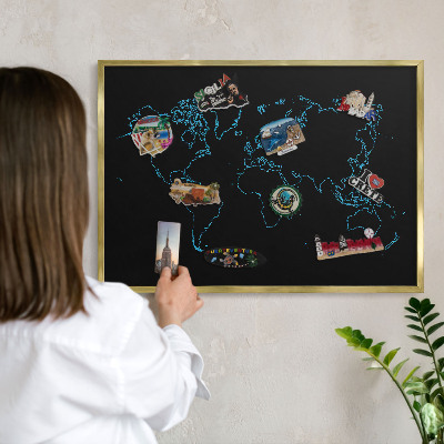 Magnettafel dekorativ bedruckt mit goldenem Rahmen Weltkarte