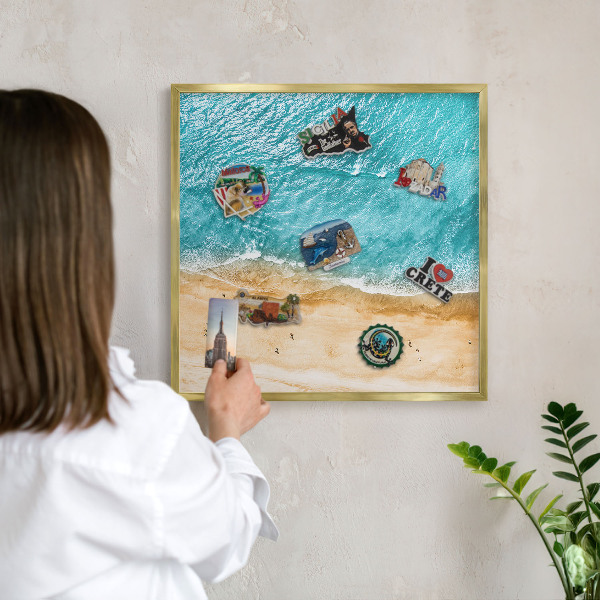 Magnettafel für Urlaubsmagnete in Goldrahmen Meer und Strand