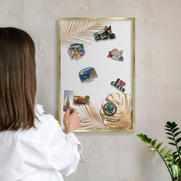 Magnettafel dekorativ bedruckt mit goldenem Rahmen Elegante Blätter