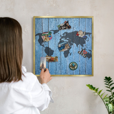 Magnettafel für Urlaubsmagnete in Goldrahmen Weltkarte