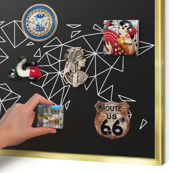 Magnettafel für Urlaubsmagnete in Goldrahmen Weltkarte