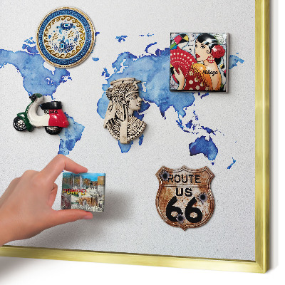 Magnettafel für Urlaubsmagnete in Goldrahmen Aquarellkarte