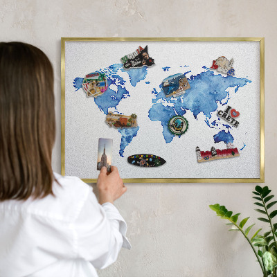 Magnettafel für Urlaubsmagnete in Goldrahmen Aquarellkarte