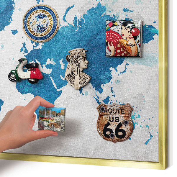 Magnettafel für Urlaubsmagnete in Goldrahmen Aquarellkarte
