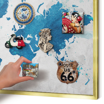Magnettafel für Urlaubsmagnete in Goldrahmen Aquarellkarte